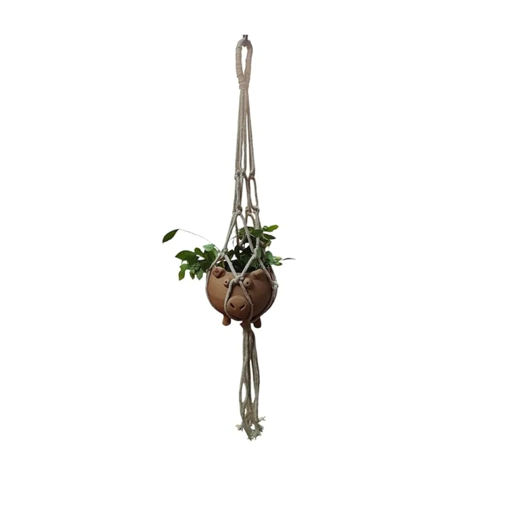 Handmade Macrame Plant Hanger, Terracotta Animal Planter, Cotton Rope, 75 cm Height, Light Grey and Brown