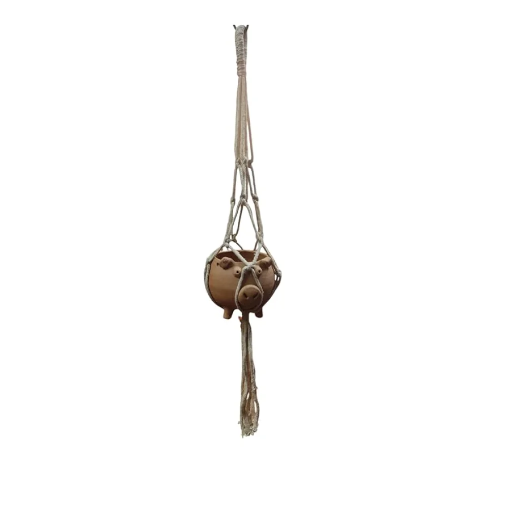 Handmade Macrame Plant Hanger, Terracotta Animal Planter, Cotton Rope, 75 cm Height, Light Grey and Brown
