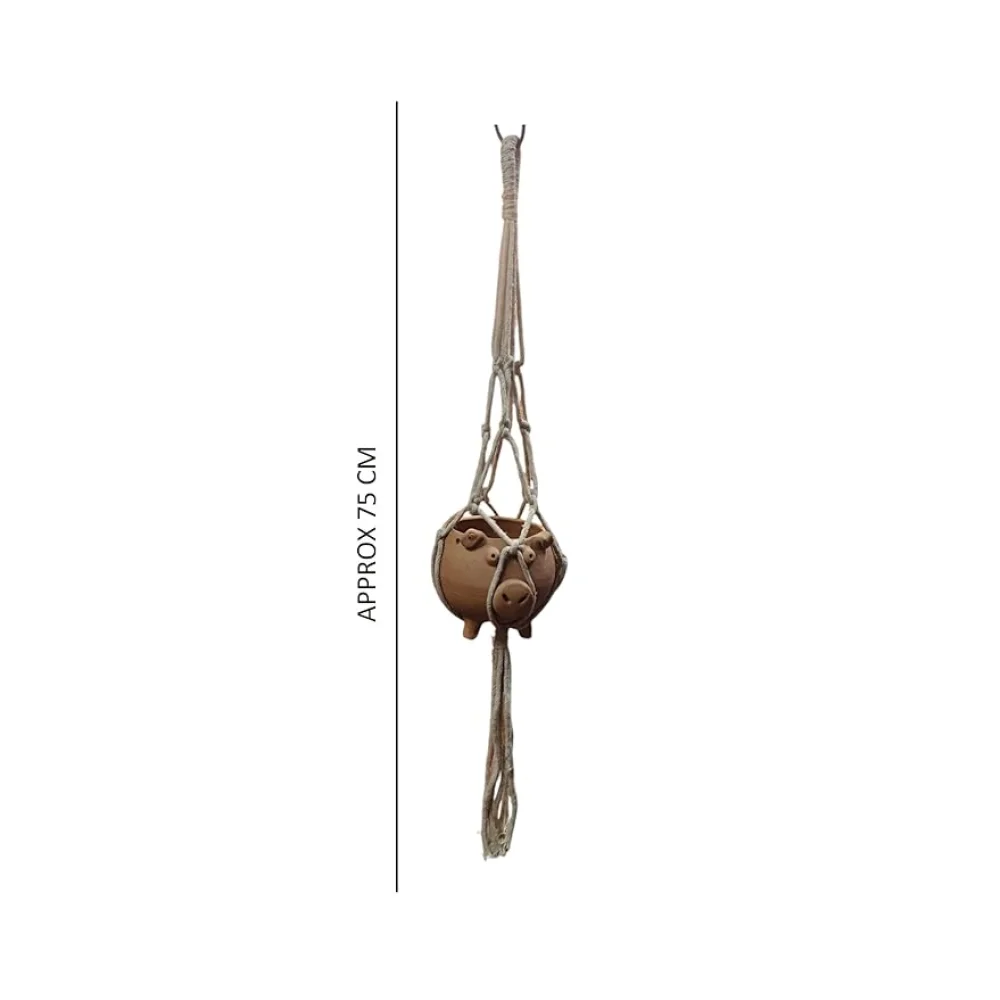 Handmade Macrame Plant Hanger, Terracotta Animal Planter, Cotton Rope, 75 cm Height, Light Grey and Brown