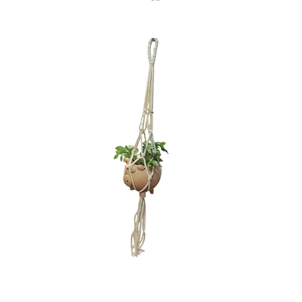 Handmade Macrame Plant Hanger, Terracotta Animal Planter, Cotton Rope, 75 cm Height, Light Grey and Brown