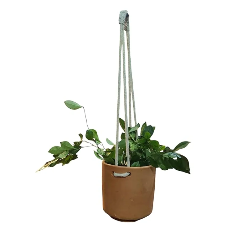 Handmade Macrame Plant Hanger, Terracotta Window Planter, Cotton Rope, 75 cm, Light Grey and Brown