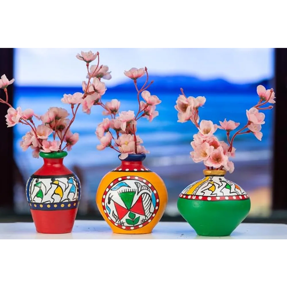Handcrafted Terracotta Clay Warli Printed Red Table Top Flower Vase for Table Top Indoor/Home Decoration, Table Top, Resort Decoration and Ideal for Gifting Set of 3 MultiColour.