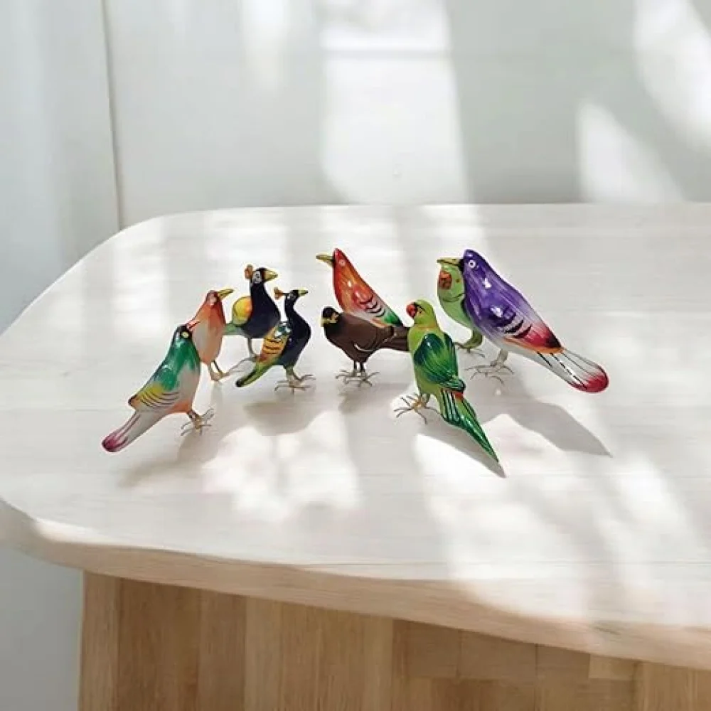 Terracotta Bird Figurines Set, 9 Pieces, Handmade Miniature Birds Collection, Decorative Showpiece for Home, Festival, Table Top.