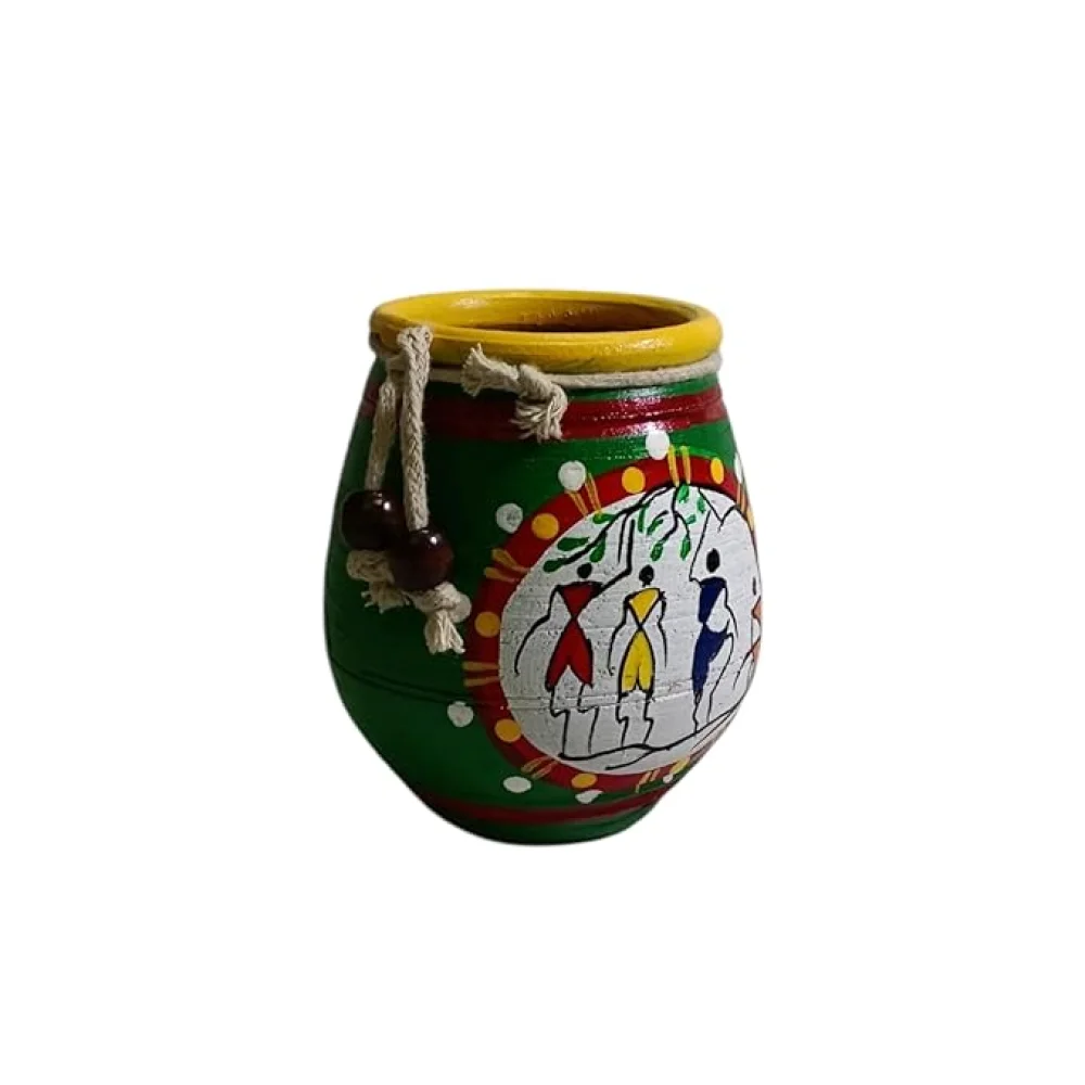 Handpainted Terracotta Pen Stand/Desk Organizer/Multipurpose Terracotta Stand for Kid's Pencil, Makeup Brush, Cutlery, ToothBrush Gift for Office/School/Kitchen Green.