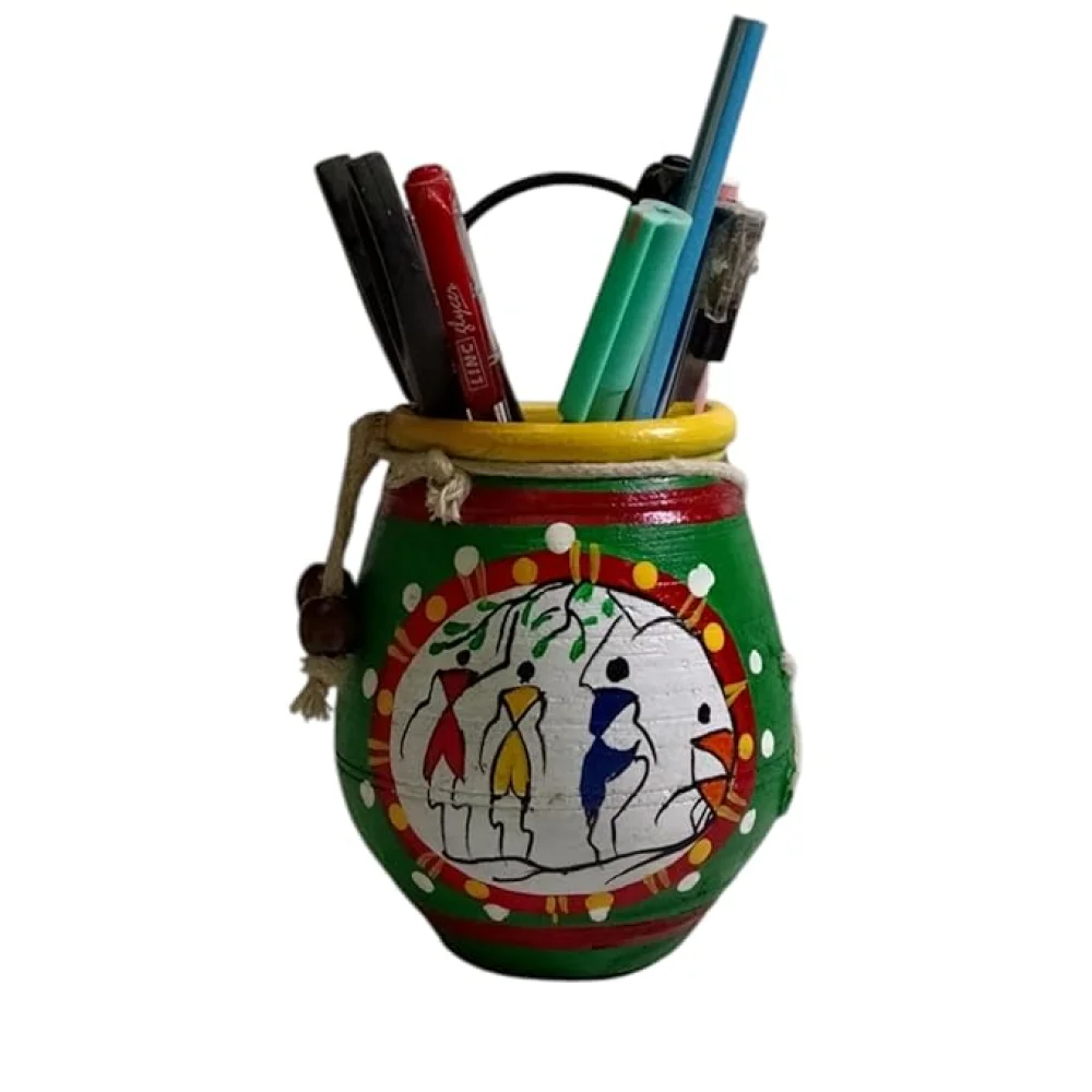 Handpainted Terracotta Pen Stand/Desk Organizer/Multipurpose Terracotta Stand for Kid's Pencil, Makeup Brush, Cutlery, ToothBrush Gift for Office/School/Kitchen Green.