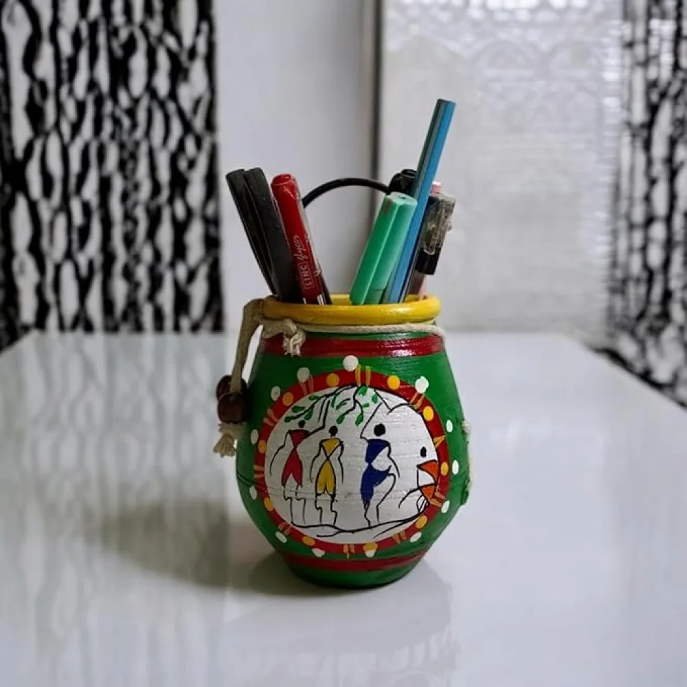 Handpainted Terracotta Pen Stand/Desk Organizer/Multipurpose Terracotta Stand for Kid's Pencil, Makeup Brush, Cutlery, ToothBrush Gift for Office/School/Kitchen Green.