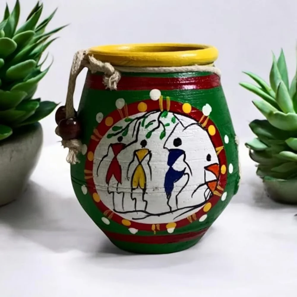 Handpainted Terracotta Pen Stand/Desk Organizer/Multipurpose Terracotta Stand for Kid's Pencil, Makeup Brush, Cutlery, ToothBrush Gift for Office/School/Kitchen Green.
