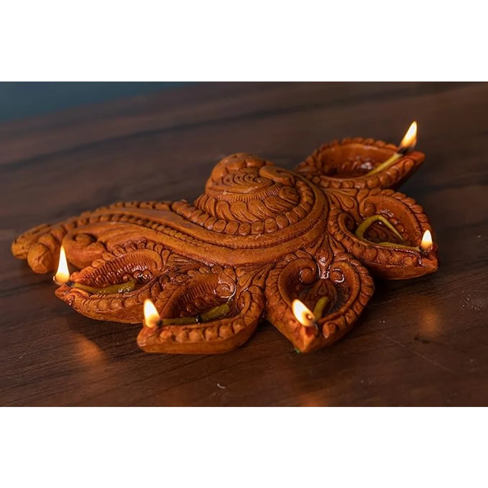 Terracotta SHUBH LABH Shankh Panch Diya for Pooja Decor, Navaratri, Diwali, Mitti, Oil, Gifting, Home Decor