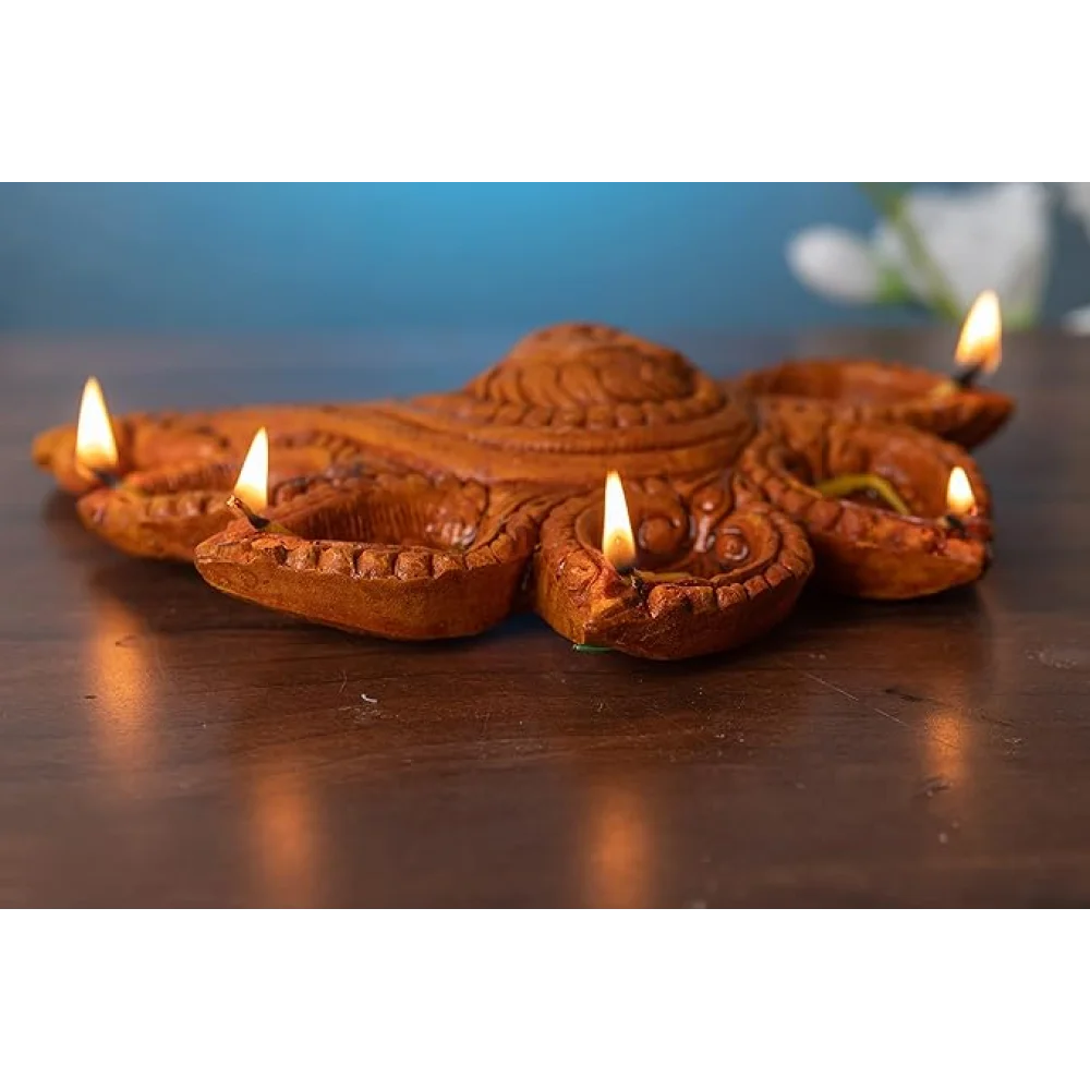 Terracotta SHUBH LABH Shankh Panch Diya for Pooja Decor, Navaratri, Diwali, Mitti, Oil, Gifting, Home Decor