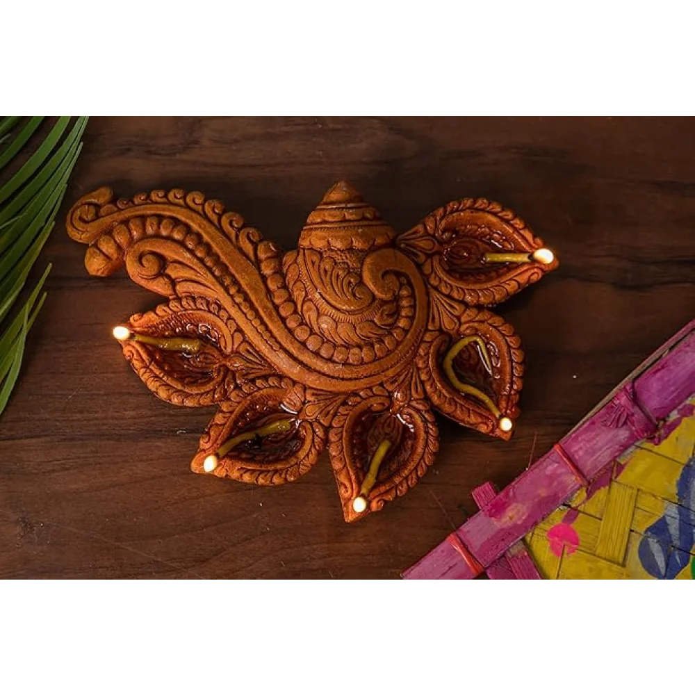 Terracotta SHUBH LABH Shankh Panch Diya for Pooja Decor, Navaratri, Diwali, Mitti, Oil, Gifting, Home Decor