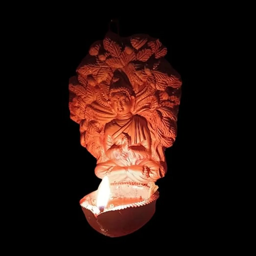 Terracotta Temple Oil Diya, Buddha Design, Medium, Traditional Pooja Decor for Diwali, Navratri, Home Spiritual Illumination, 15x16x9 cm