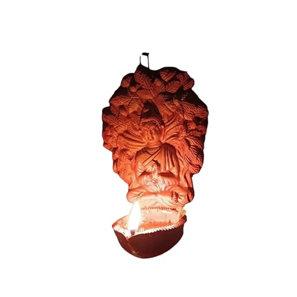 Terracotta Temple Oil Diya, Buddha Design, Medium, Traditional Pooja Decor for Diwali, Navratri, Home Spiritual Illumination, 15x16x9 cm