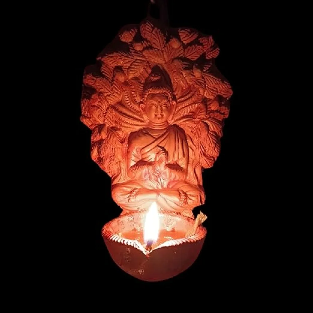 Terracotta Temple Oil Diya, Buddha Design, Medium, Traditional Pooja Decor for Diwali, Navratri, Home Spiritual Illumination, 15x16x9 cm