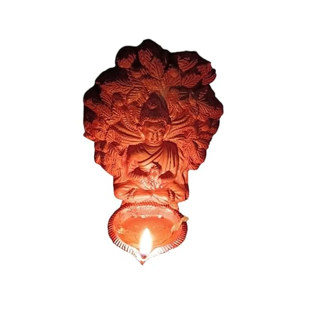 Terracotta Temple Oil Diya, Buddha Design, Medium, Traditional Pooja Decor for Diwali, Navratri, Home Spiritual Illumination, 15x16x9 cm