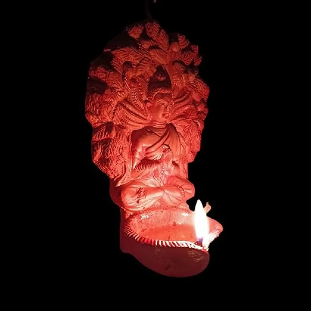 Terracotta Temple Oil Diya, Buddha Design, Medium, Traditional Pooja Decor for Diwali, Navratri, Home Spiritual Illumination, 15x16x9 cm