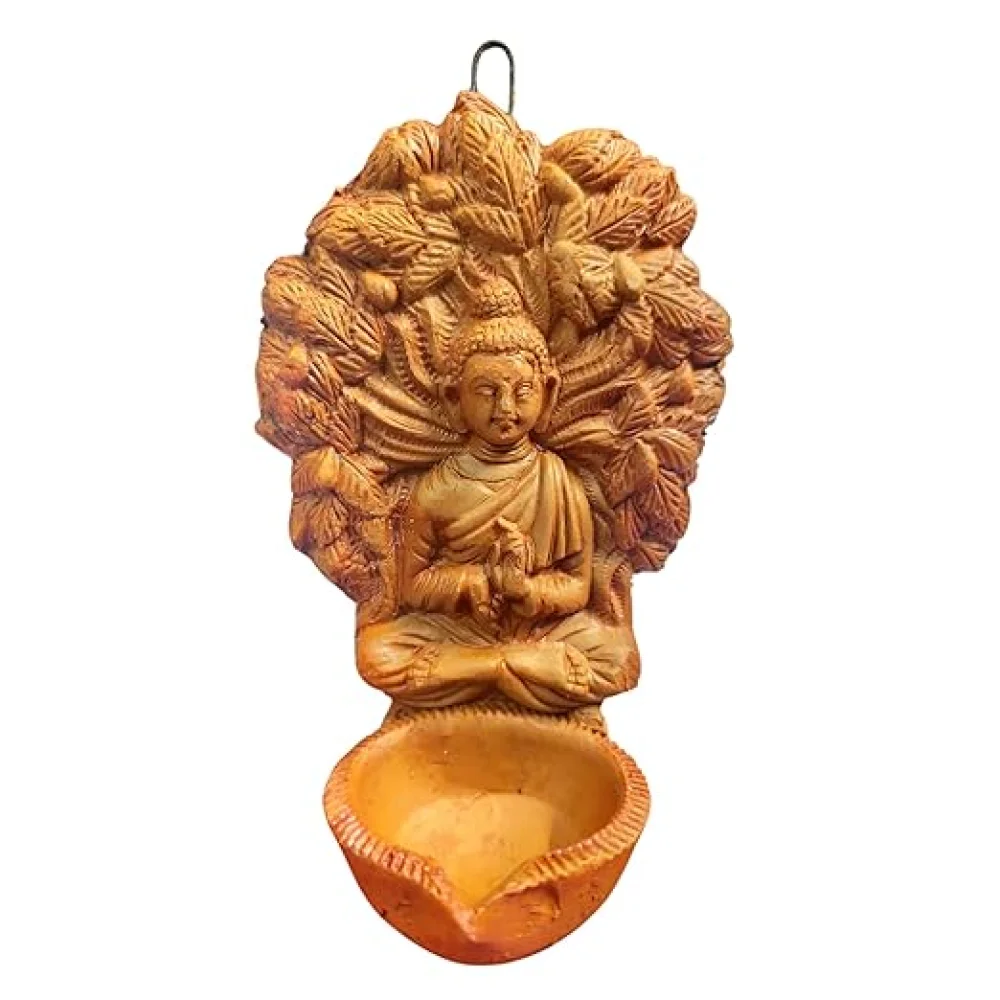 Terracotta Temple Oil Diya, Buddha Design, Medium, Traditional Pooja Decor for Diwali, Navratri, Home Spiritual Illumination, 15x16x9 cm