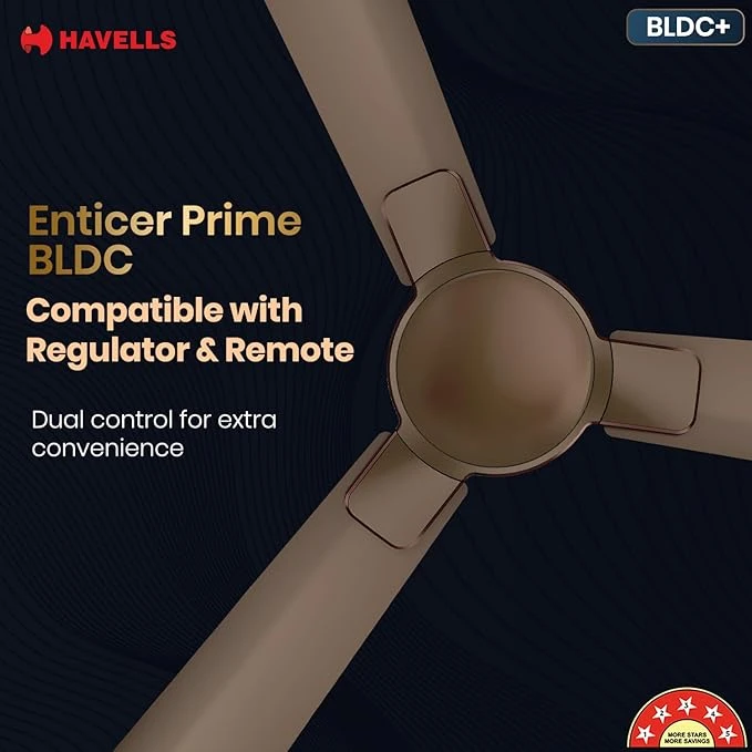 Havells 1200mm Enticer BLDC Prime Ceiling Fan| Compatible with Regulator & Remote| Upto 55% Energy Saving| High Air Deliver.