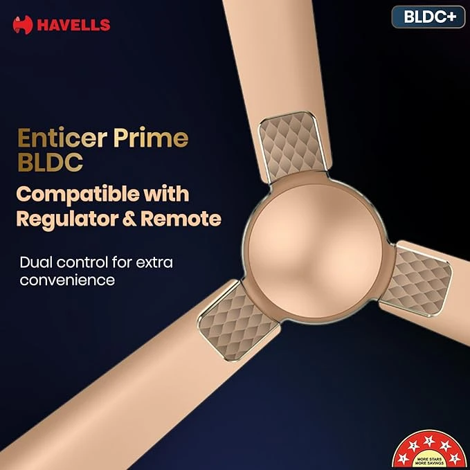 Havells 1200mm Enticer BLDC Prime Ceiling Fan| Compatible with Regulator & Remote| Upto 55% Energy Saving| High Air Deliver.