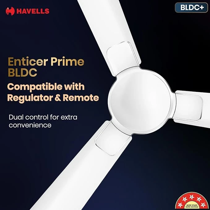 Havells 1200mm Enticer BLDC Prime Ceiling Fan| Compatible with Regulator & Remote| Upto 55% Energy Saving| High Air Deliver.