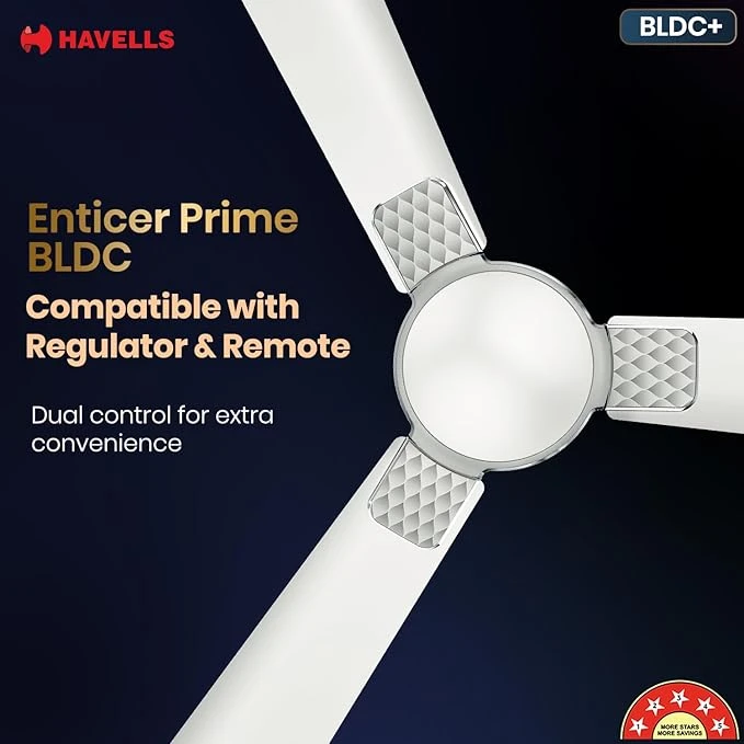 Havells 1200mm Enticer BLDC Prime Ceiling Fan| Compatible with Regulator & Remote| Upto 55% Energy Saving| High Air Deliver.
