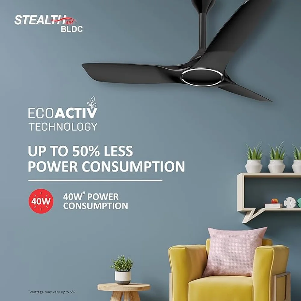 Havells Stealth Air BLDC 1200mm Ceiling Fan| Upto 55% Energy Saving| Silent & Premium| 5 stars Rating| 100% Copper Motor| RF Remote, Memory Backup, Timer.