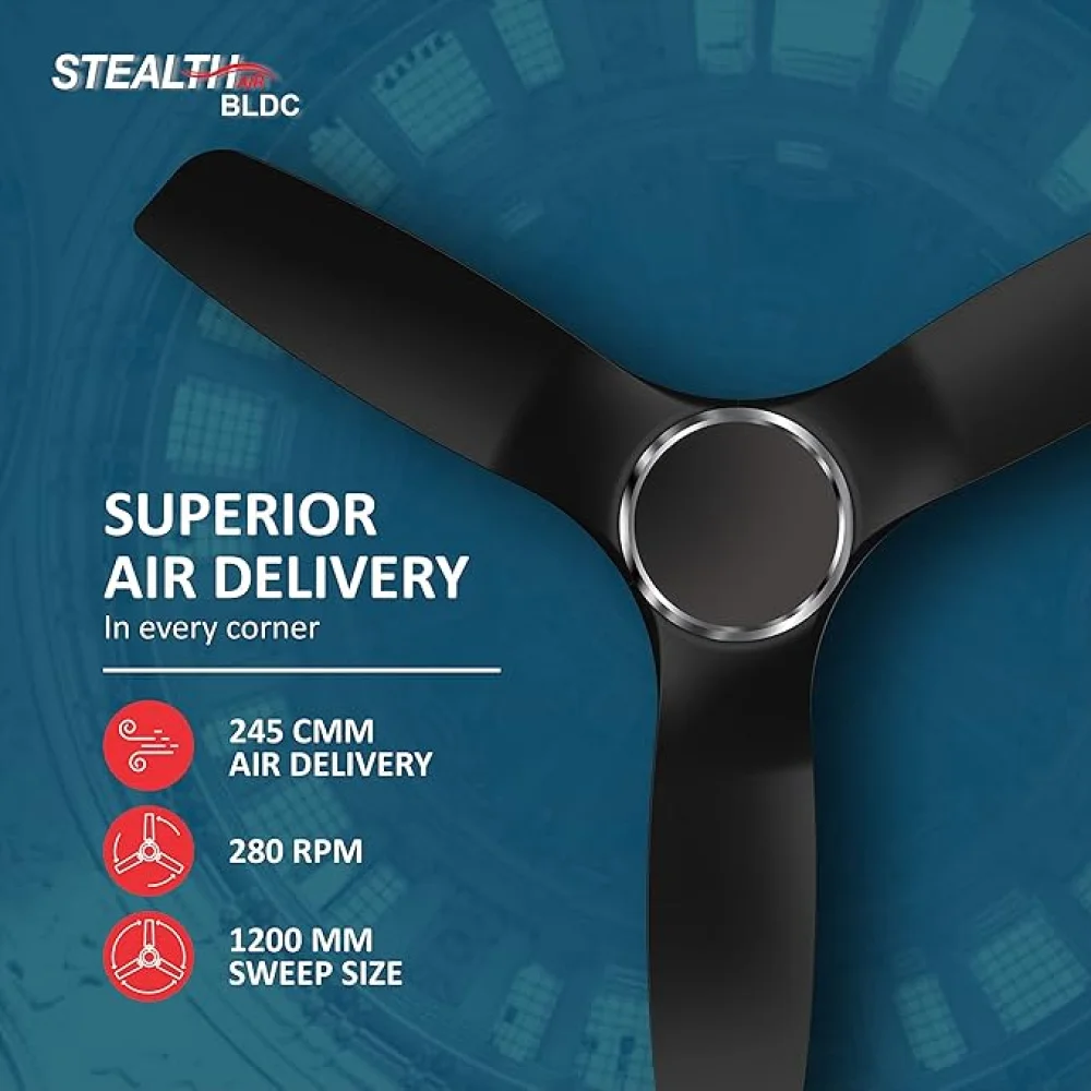 Havells Stealth Air BLDC 1200mm Ceiling Fan| Upto 55% Energy Saving| Silent & Premium| 5 stars Rating| 100% Copper Motor| RF Remote, Memory Backup, Timer.