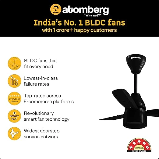 Atomberg Renesa Prime 600mm, 900mm, 1200mm BLDC Ceiling Fan | Compatible with Step Regulator | BEE 5 star | Advance Air+ Technology | Low Noise | Sleek Design | Power Saving