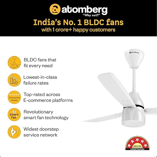 Atomberg Renesa Prime 600mm, 900mm, 1200mm BLDC Ceiling Fan | Compatible with Step Regulator | BEE 5 star | Advance Air+ Technology | Low Noise | Sleek Design | Power Saving