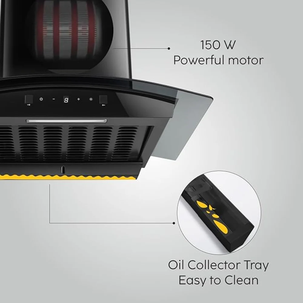 Glen Auto Clean Curved Glass Ductless Kitchen Chimney, Motion Sensor control with Digital Display 60CM Black 1200 CMH (CH6058DIBLAC60)