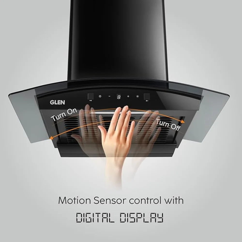 Glen Auto Clean Curved Glass Ductless Kitchen Chimney, Motion Sensor control with Digital Display 60CM Black 1200 CMH (CH6058DIBLAC60)