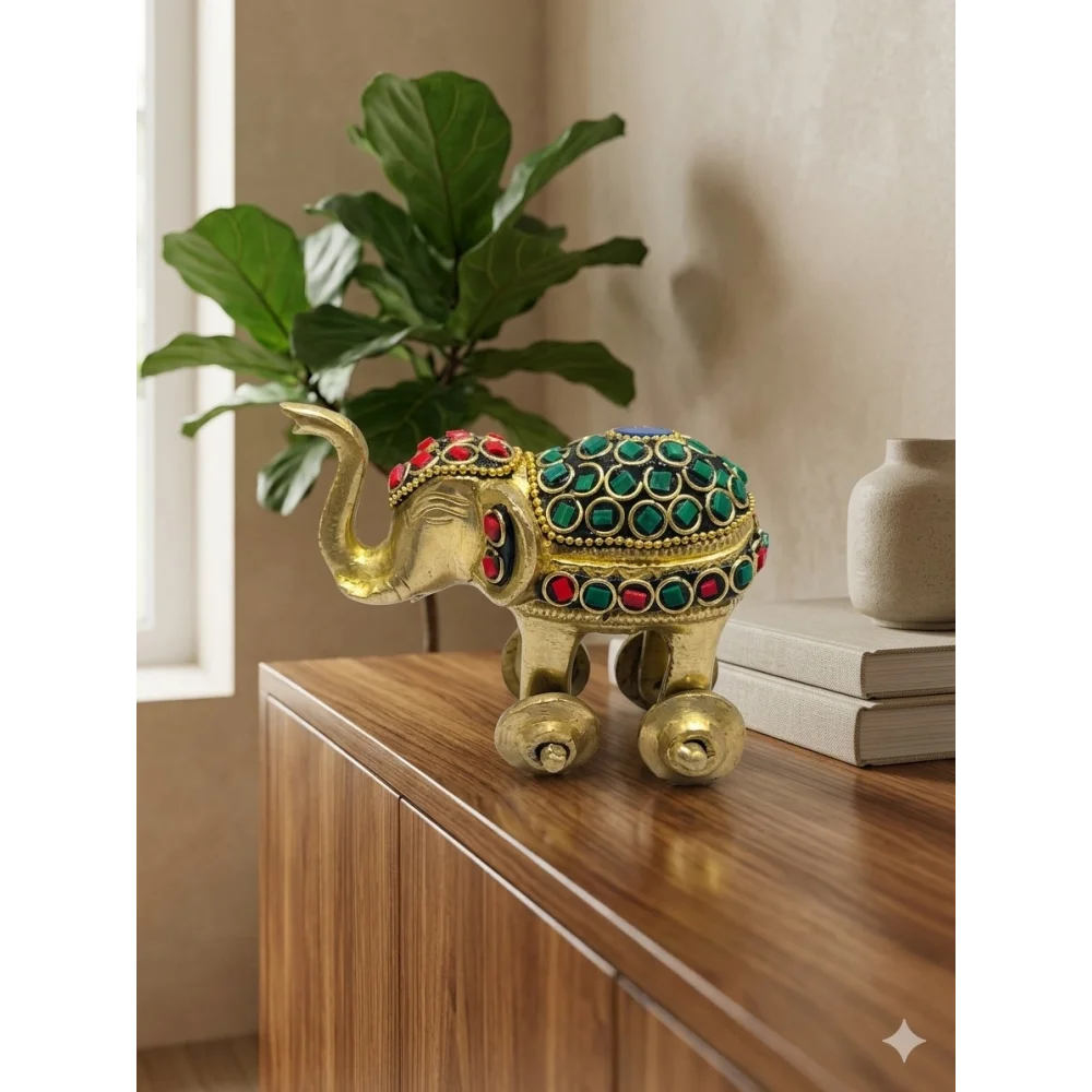 Decorative Brass Elephant on Wheels – Handcrafted Jaali Work Showpiece for Home Décor & Gifting