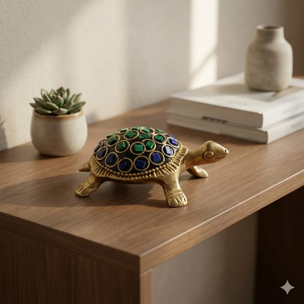 Brass Tortoise with Stonework – Vastu Feng Shui Decorative Turtle for Home & Office
