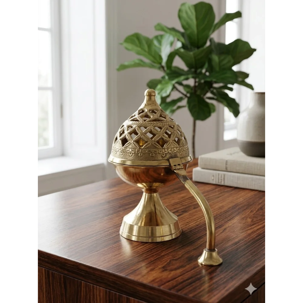 Brass Incense Burner / Bakhoor Holder – Antique Gold Finish with Jaali Design & Heat-Resistant Handle