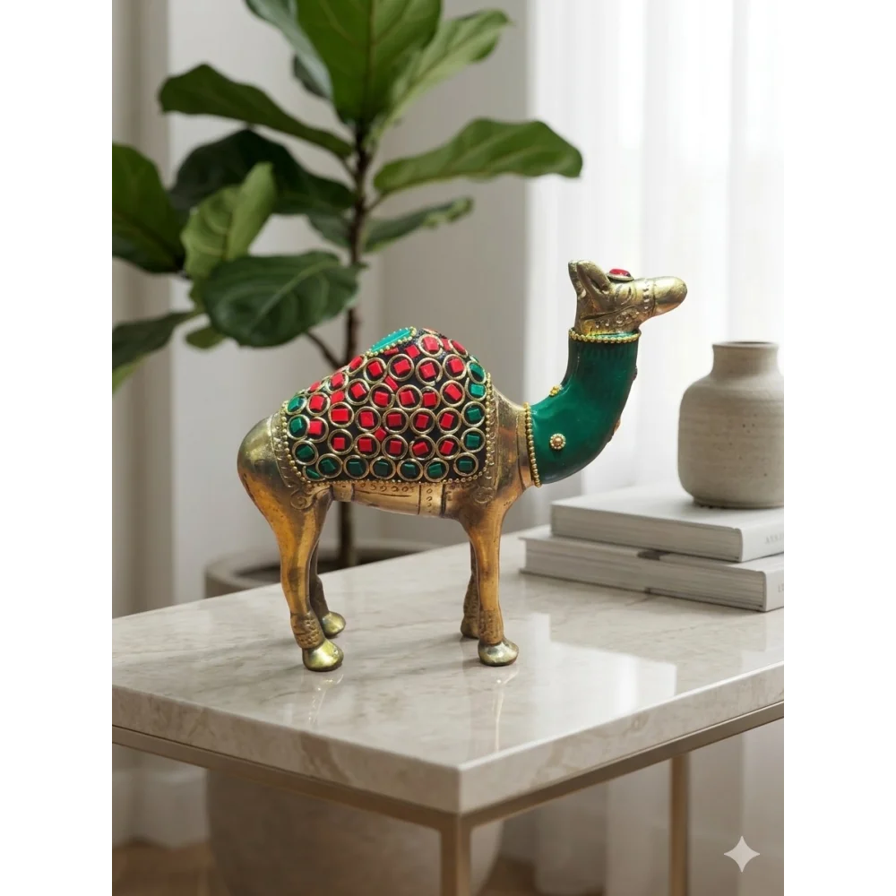 Brass Camel & Horse Figurines with Stone Work – Decorative Ethnic Showpiece Set