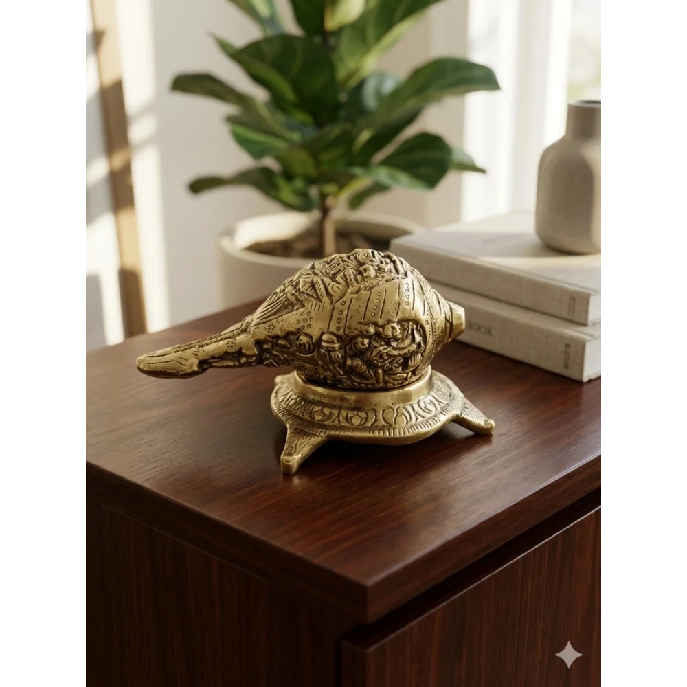Engraved Brass Shankh (Conch Shell) with Decorative Stand – Mythological Carved Religious Artifact