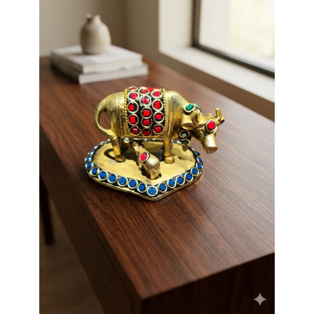 Brass Kamdhenu Cow & Calf Idol with Stone Work – Gold Finish Decorative.