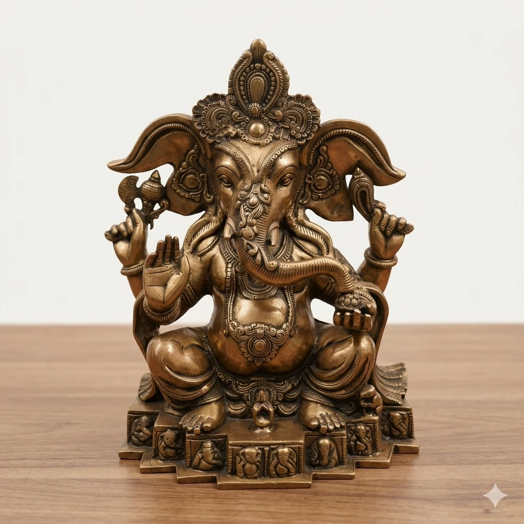 A beautifully handcrafted brass Ganesha idol seated on an ornate chowki, symbolizing wisdom, prosperity, and success—perfect for home temples, offices, and gifting.