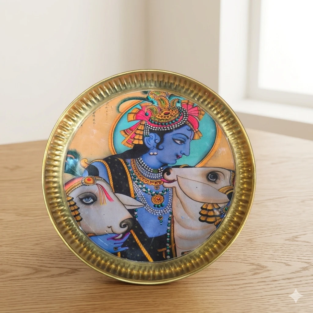 Lord Krishna with Cow Round Wall Hanging Frame | Handmade Brass Finish Devotional Wall Decor for Home & Temple