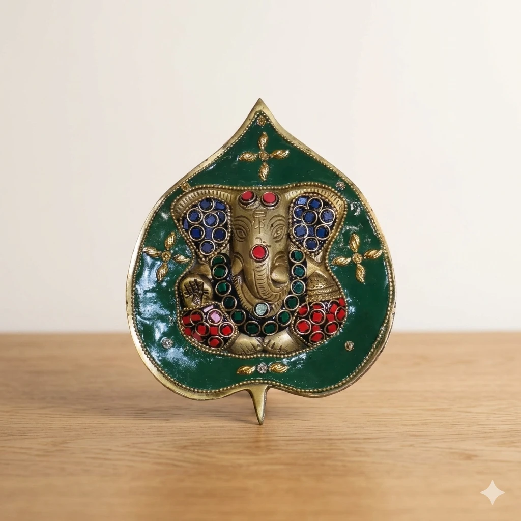 Leaf Shape Lord Ganesha Wall Hanging with Meenakari Stone Work | Decorative Enamel Brass Finish Wall Decor for Home & Temple