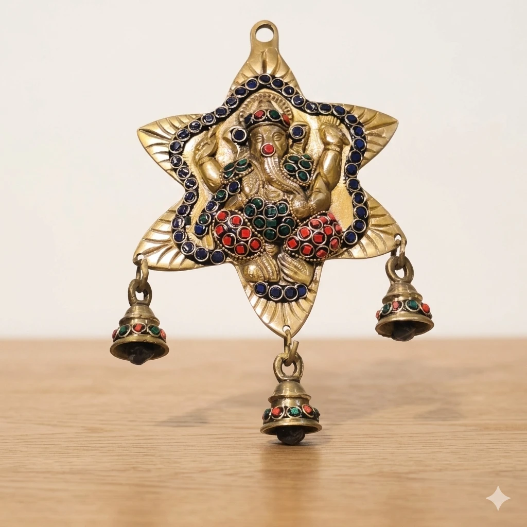 Handcrafted Brass Ganesha Star Wall Hanging with Decorative Bells | Stone Studded Spiritual Wall Decor | Ready to Hang