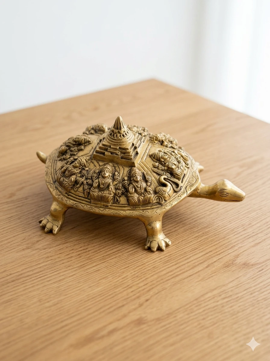 Handcrafted Brass Vastu Tortoise with Meru Pyramid & Sacred Engraving | Feng Shui Wealth Turtle | Spiritual Home Decor