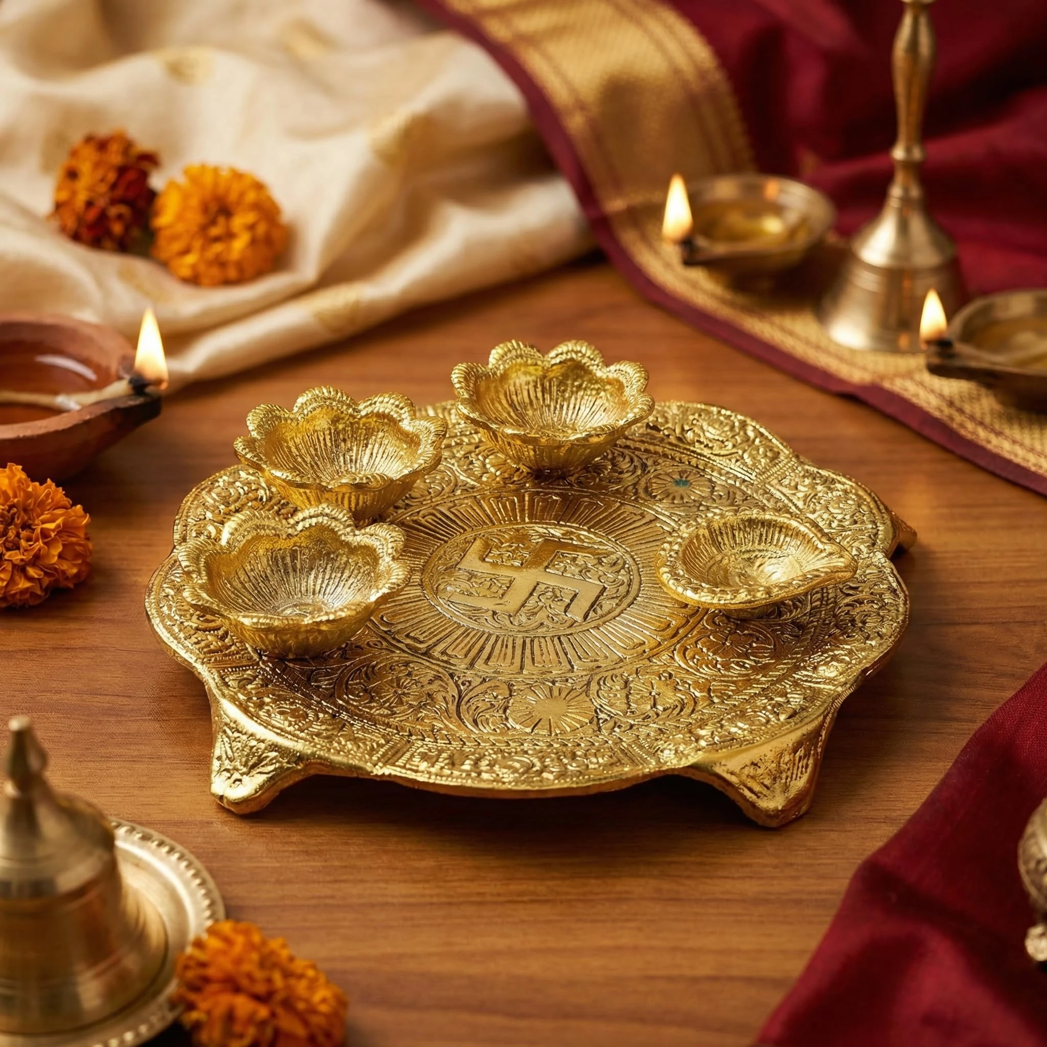 Luxeberry Metal Pooja Thali | Pooja Plate with Diya | Aarti Thali | for Home & Office | Pooja Thali Set | Pooja Thali | Decorative Thali, Pack of 1 |