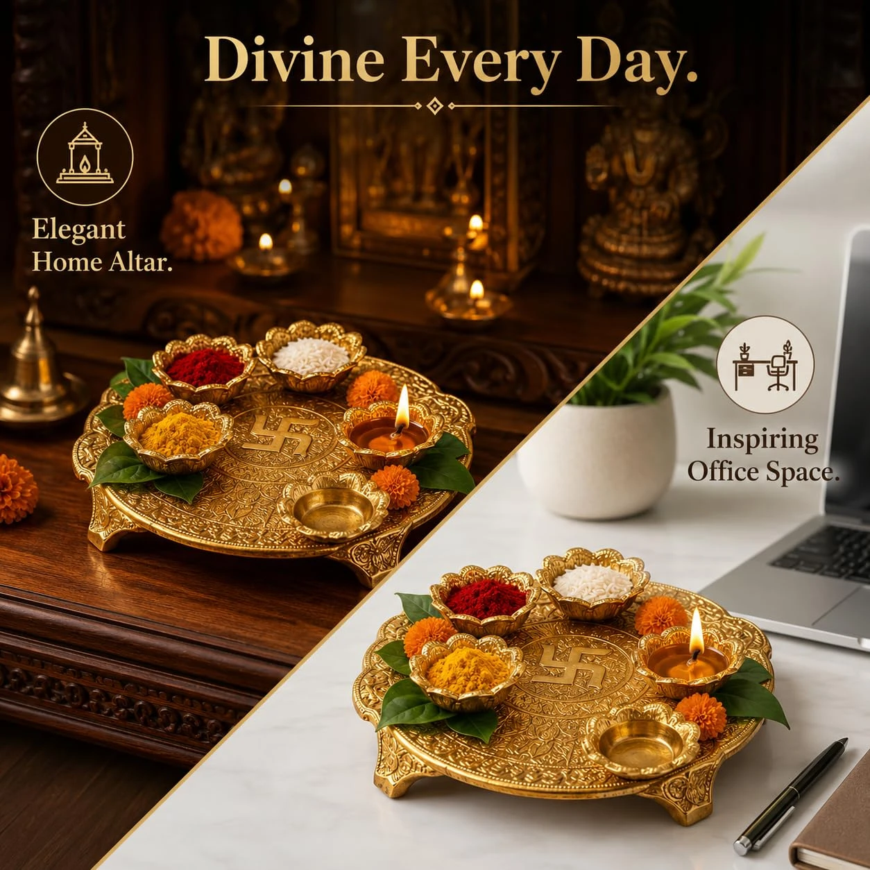 Luxeberry Metal Pooja Thali | Pooja Plate with Diya | Aarti Thali | for Home & Office | Pooja Thali Set | Pooja Thali | Decorative Thali, Pack of 1 |