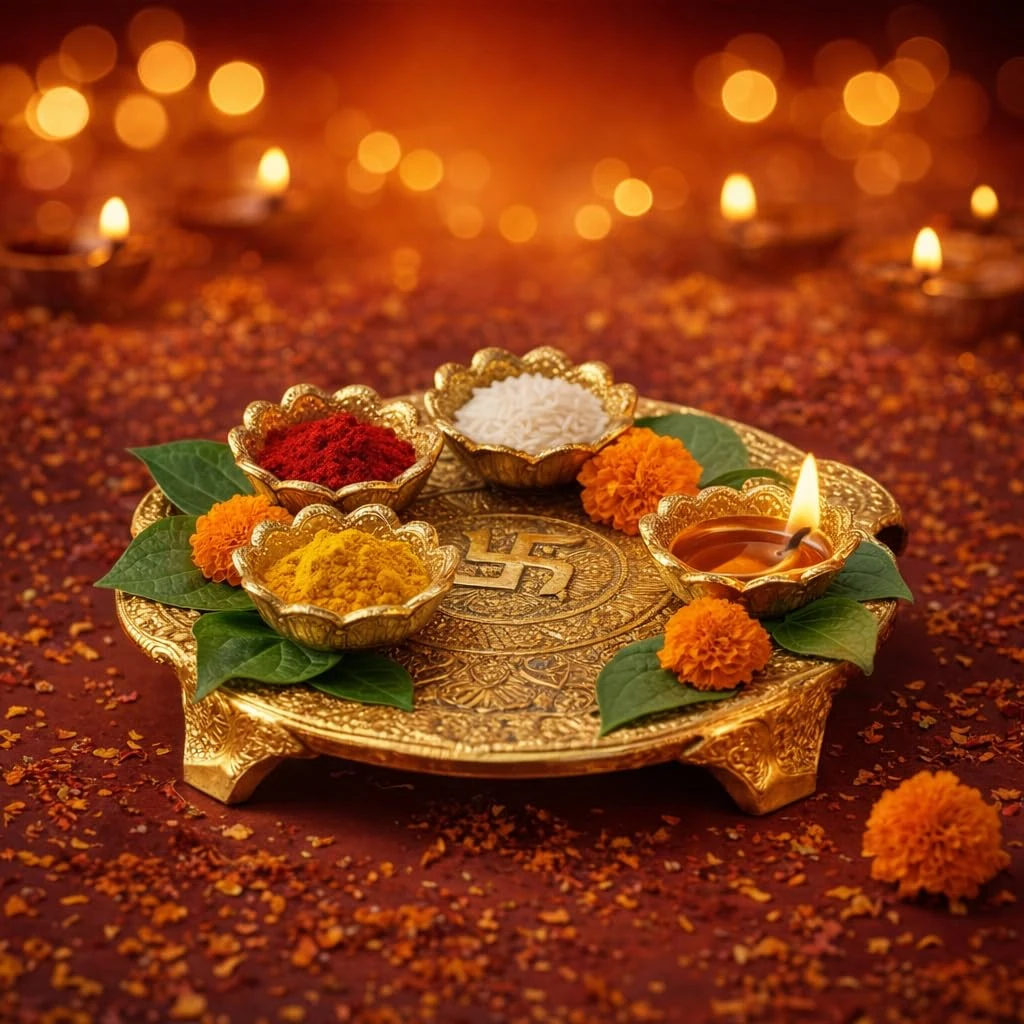 Luxeberry Metal Pooja Thali | Pooja Plate with Diya | Aarti Thali | for Home & Office | Pooja Thali Set | Pooja Thali | Decorative Thali, Pack of 1 |