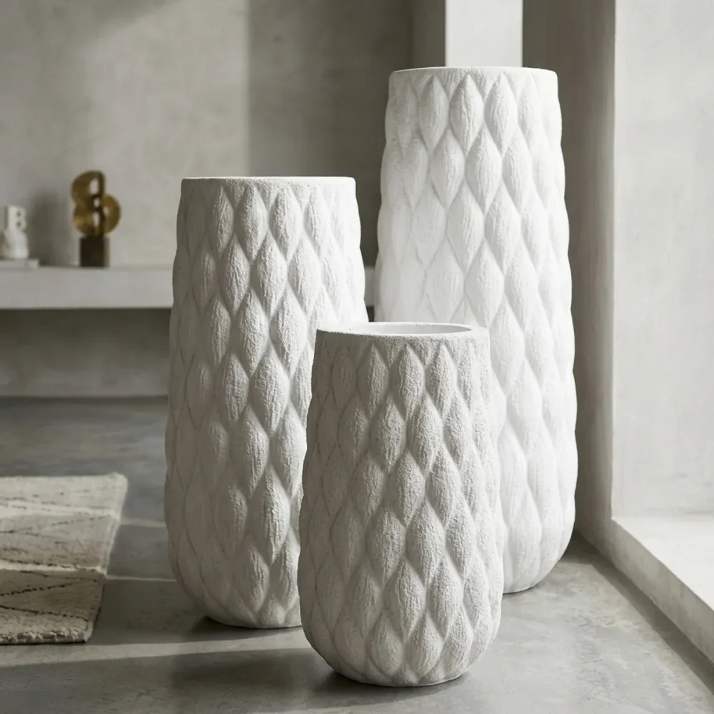 Elfloren White Polyresin Textured Diamond Pattern Decorative Vase Set for Living Room, Bedroom & Office Decor