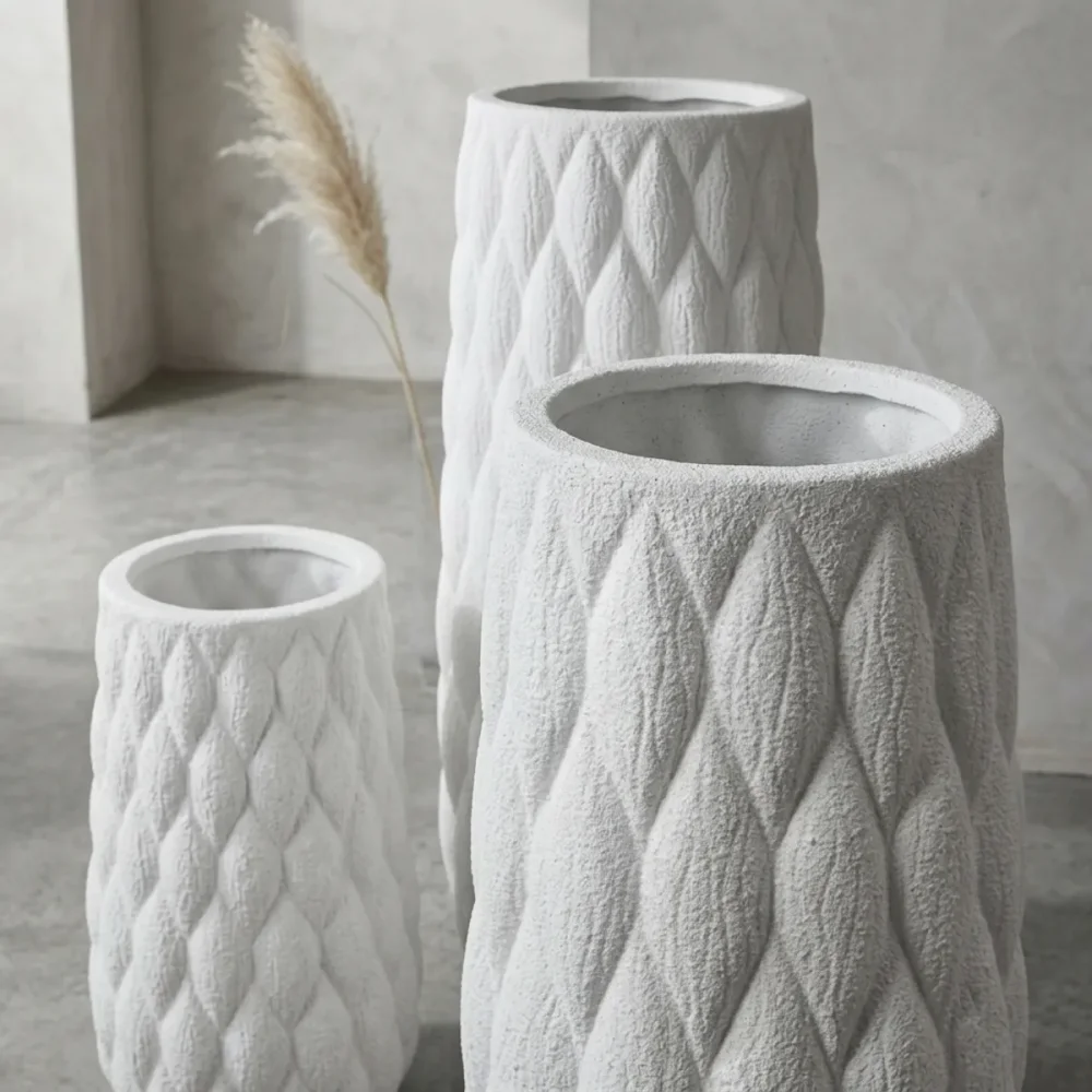 Elfloren White Polyresin Textured Diamond Pattern Decorative Vase Set for Living Room, Bedroom & Office Decor