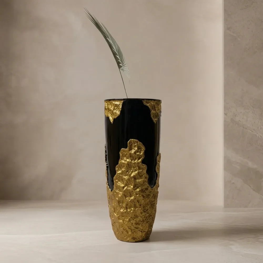Elfloren Black & Gold Textured Polyresin Decorative Floor Vase | Handmade Waterproof Modern Home Decor Vase | 36 x 36 x 90 cm