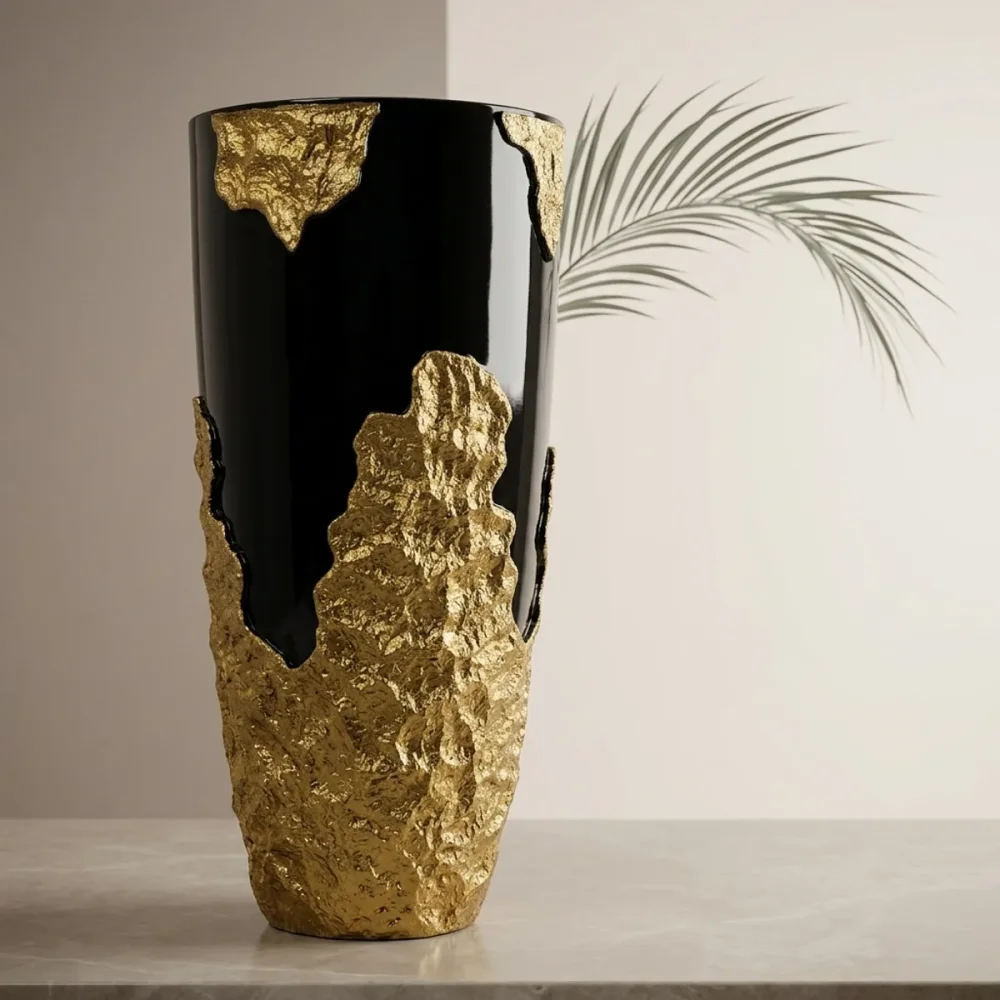 Elfloren Black & Gold Textured Polyresin Decorative Floor Vase | Handmade Waterproof Modern Home Decor Vase | 36 x 36 x 90 cm