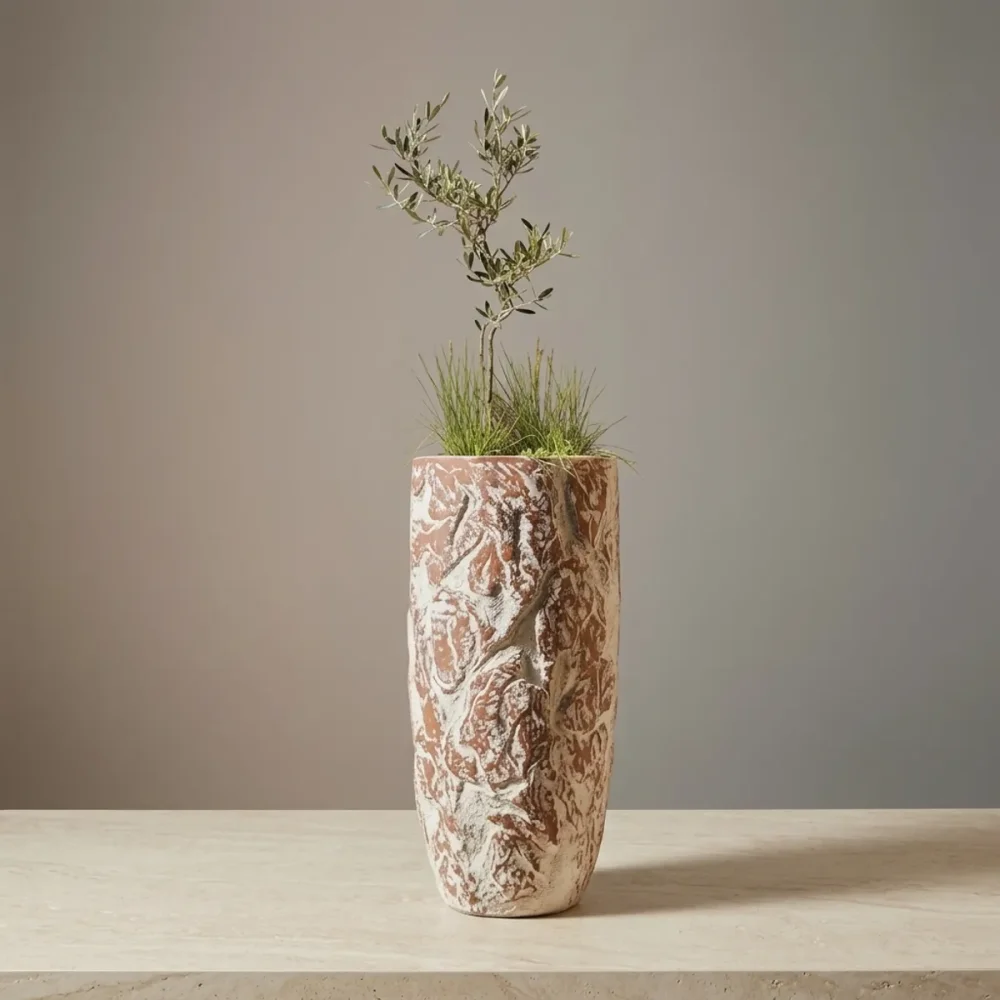 Elfloren White Polyresin Textured Vase with Floral Relief Design | Modern Decorative Flower Vase for Home & Office