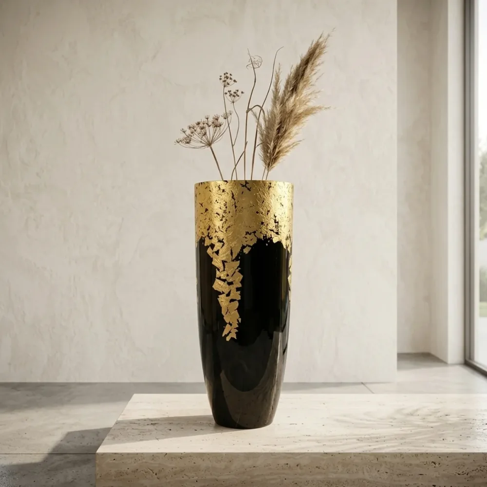 Elfloren Black & Gold Textured Polyresin Decorative Floor Vase | Modern Handmade Flower Vase for Living Room, Office & Home Decor